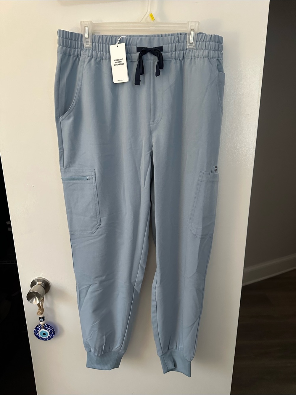 Figs Light Blue Women's Jogger Scrub Pants with Navy Drawstring